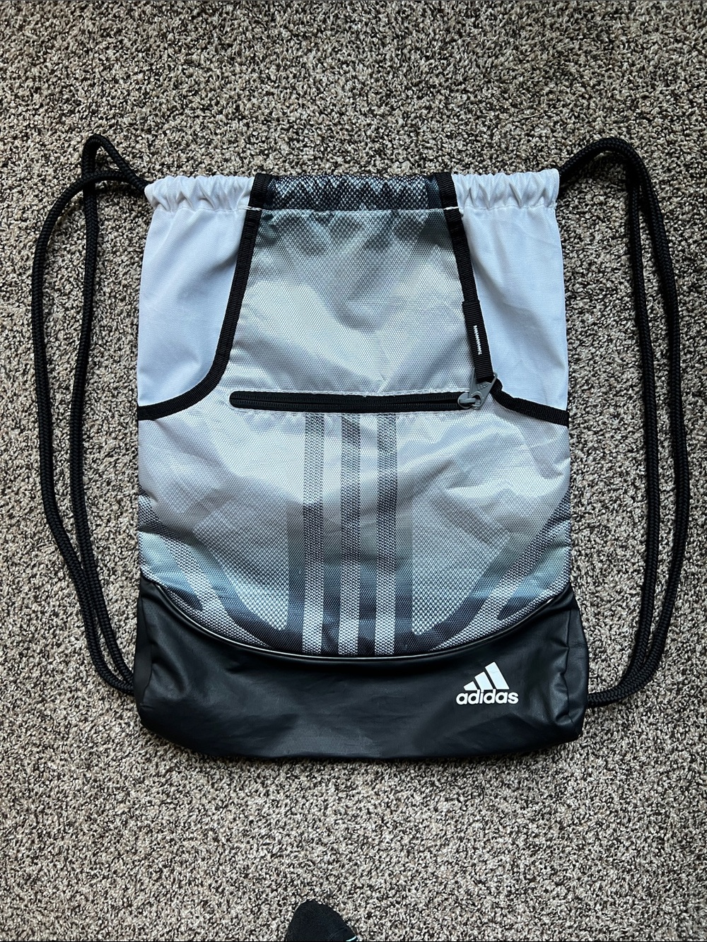 adidas Black and Gray Drawstring Backpack with Front Zipper Pocket